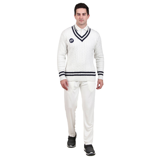 KI Pro Series Full Sleves Cricket White Sweater - Professional Performance for Winter Matches - KI Sports